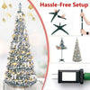 6 ft pop-up flocked Christmas tree with 150 pre-lit LED lights, 30 bows, and 35 balls for festive holiday decoration.