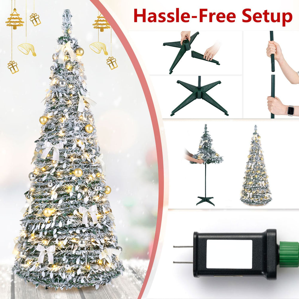 6 ft pop-up flocked Christmas tree with 150 pre-lit LED lights, 30 bows, and 35 balls for festive holiday decoration.