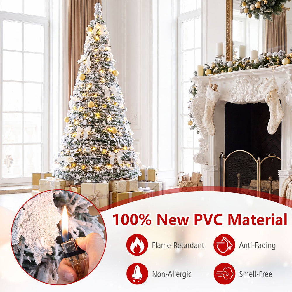 6 ft pop-up flocked Christmas tree with 35 Christmas balls and 20 bows, made of flame-retardant PVC for festive decor.