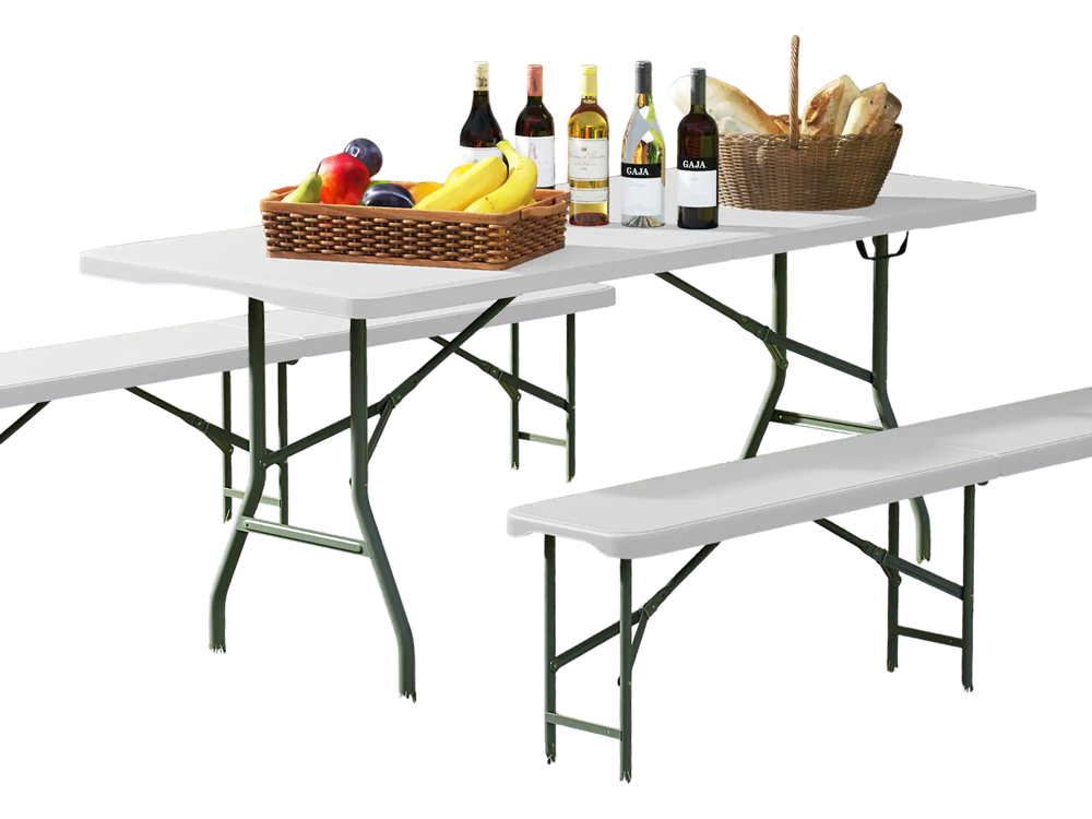 Portable 6 ft folding table with white HDPE tabletop and sturdy metal legs, ideal for outdoor picnics and gatherings.