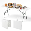 6 ft portable folding table with HDPE tabletop, ideal for outdoor use, featuring a fold-in-half design and 350 lbs.
