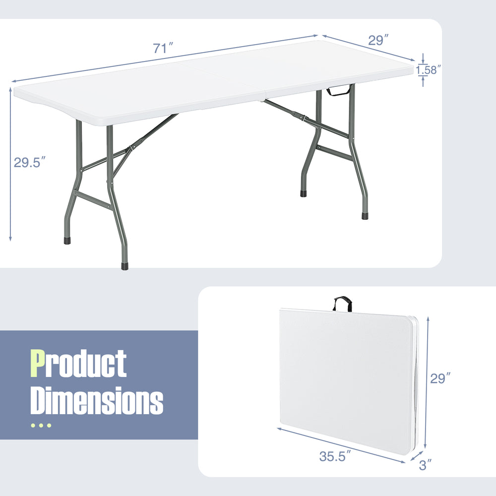 6 ft portable folding table with HDPE tabletop, dimensions shown, ideal for outdoor use and easy transport.