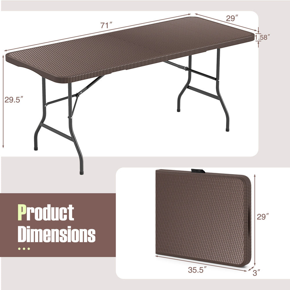 6 ft portable folding table with rattan-like HDPE tabletop, brown, featuring a safe lock mechanism for outdoor use.
