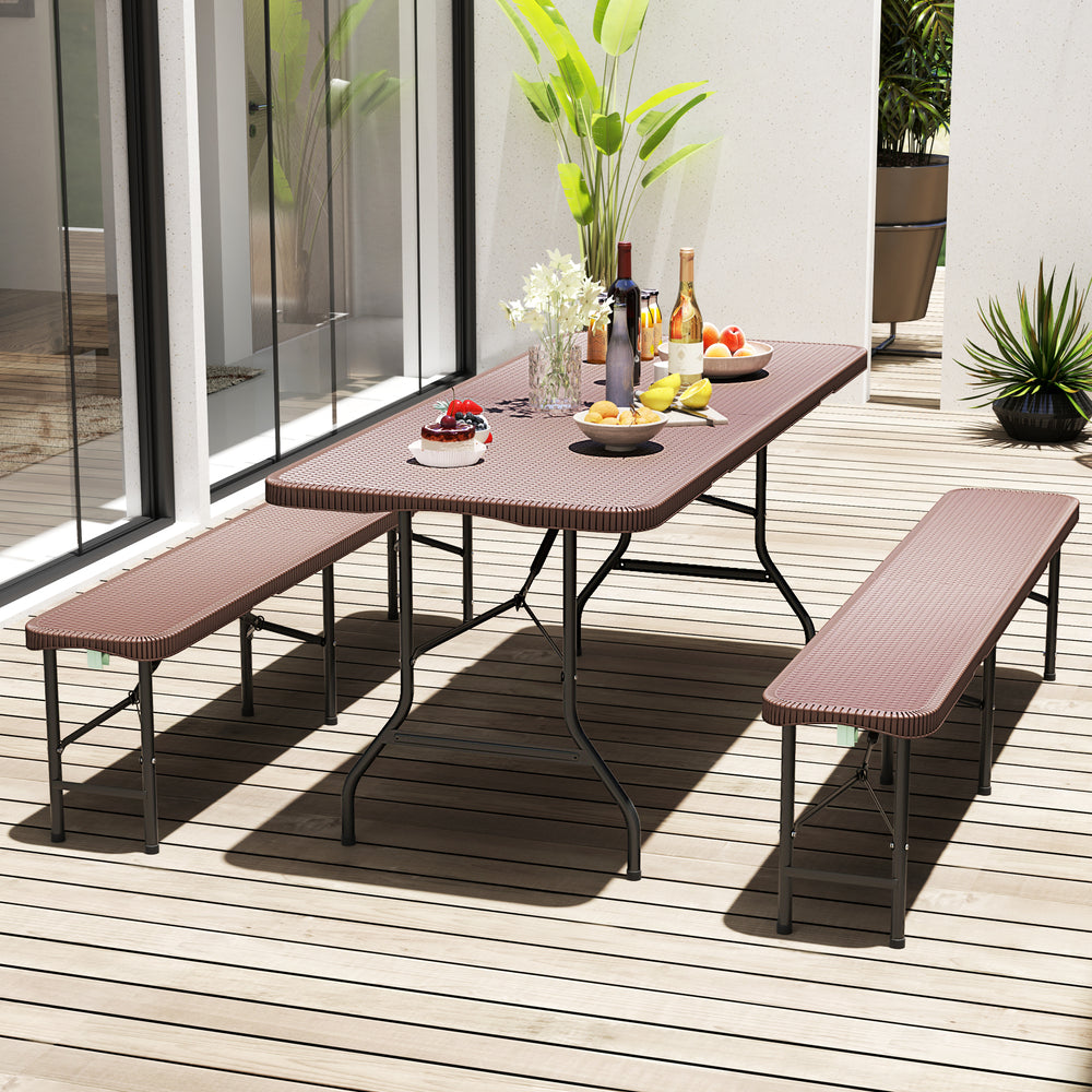 6 ft portable folding table with rattan-like HDPE tabletop, ideal for outdoor picnics and gatherings.