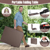 Portable 6 ft folding table with rattan-like HDPE tabletop, safety lock, and convenient handle for outdoor use.