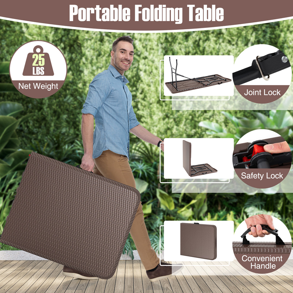 Portable 6 ft folding table with rattan-like HDPE tabletop, safety lock, and convenient handle for outdoor use.