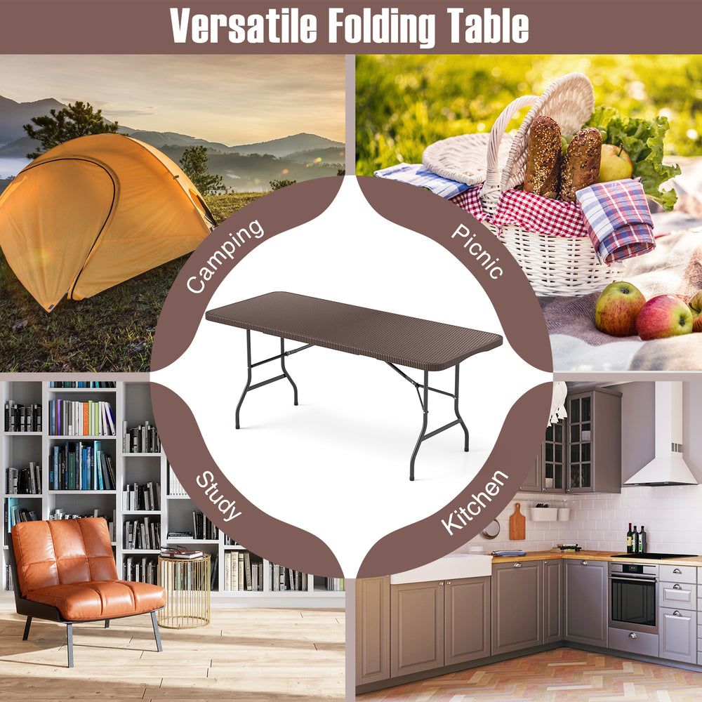 6 ft portable folding table with rattan-like HDPE tabletop, ideal for camping, picnics, or indoor use.