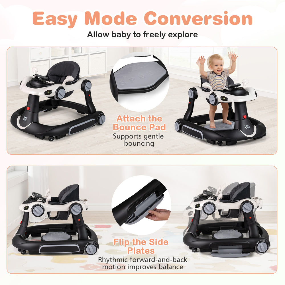 6-in-1 baby walker in white with removable canopy, bounce pad, and adjustable height for versatile play and exploration.