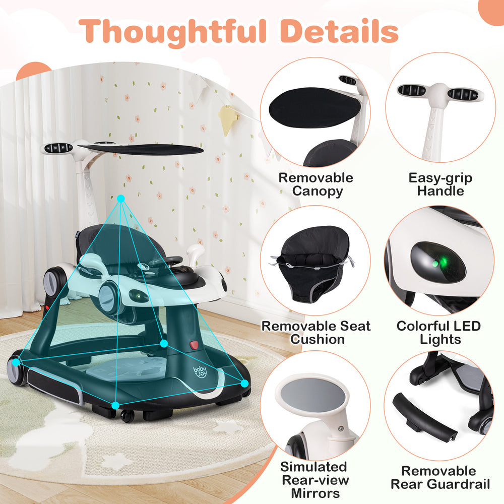 6-in-1 baby walker with removable canopy, adjustable height, and colorful LED lights for versatile play and exploration.