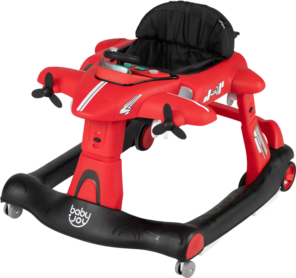 Bright red 6-in-1 baby walker features an airplane design, adjustable height, and detachable play platform for kids aged 6-18 months.