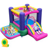 Inflatable bounce house with slide and ball pit, featuring a large jumping area and mesh safety walls for kids' fun.