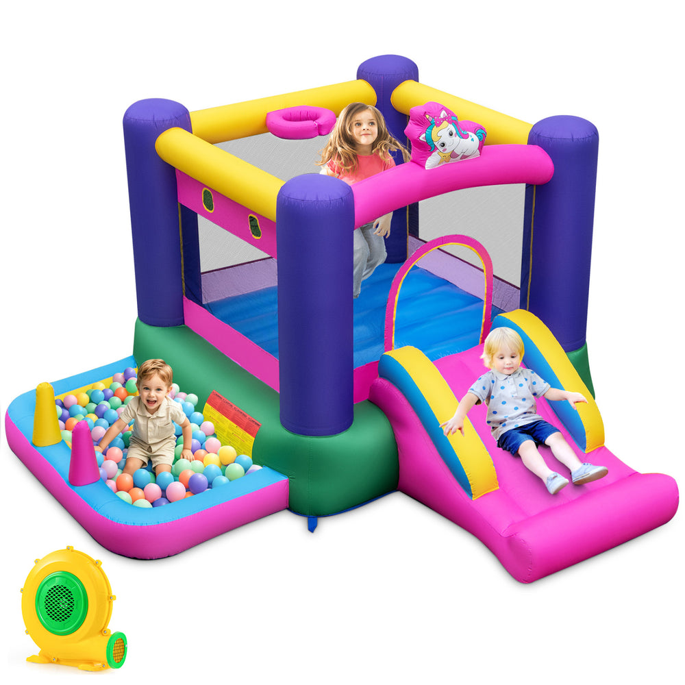 Inflatable bounce house with slide and ball pit, featuring a large jumping area and mesh safety walls for kids' fun.