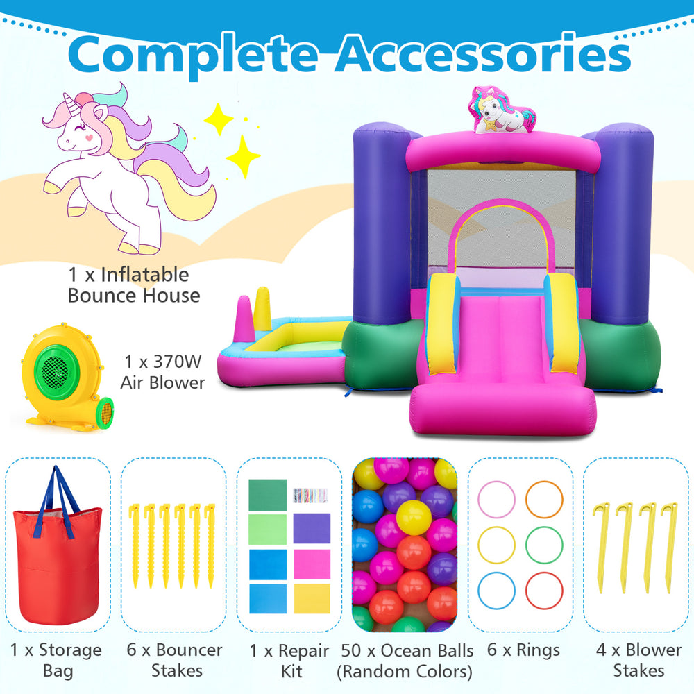 Inflatable 6-in-1 bounce house with slide, ball pit, and 480W blower for outdoor fun and entertainment.