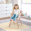 Convertible wooden highchair in light brown with safety harness, adjustable legs, and cozy PU cushion for mealtime.