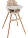 Convertible wooden highchair in light brown with safety harness, adjustable legs, and solid beech construction for.
