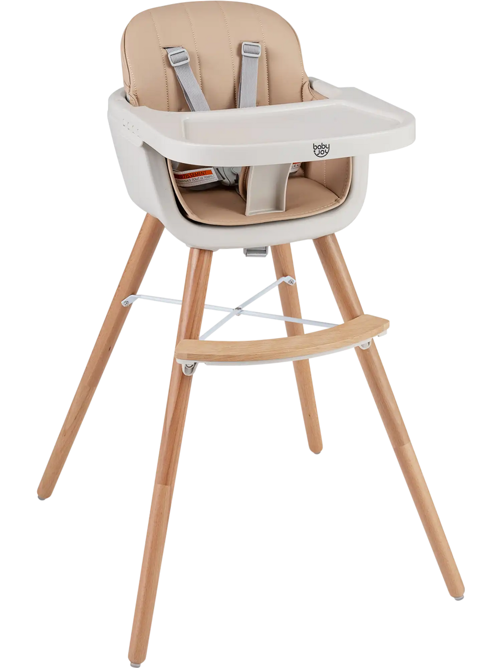 Convertible wooden highchair in light brown with safety harness, adjustable legs, and solid beech construction for.