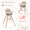 6-in-1 convertible wooden highchair in light brown with adjustable legs and safety harness, ideal for babies 6-36.