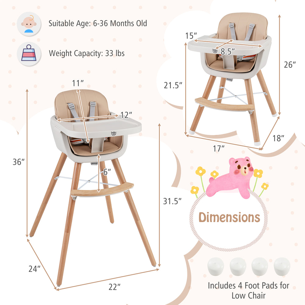 6-in-1 convertible wooden highchair in light brown with adjustable legs and safety harness, ideal for babies 6-36.