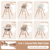 6-in-1 convertible wooden highchair in light brown with adjustable legs, safety harness, and cozy PU cushion for.