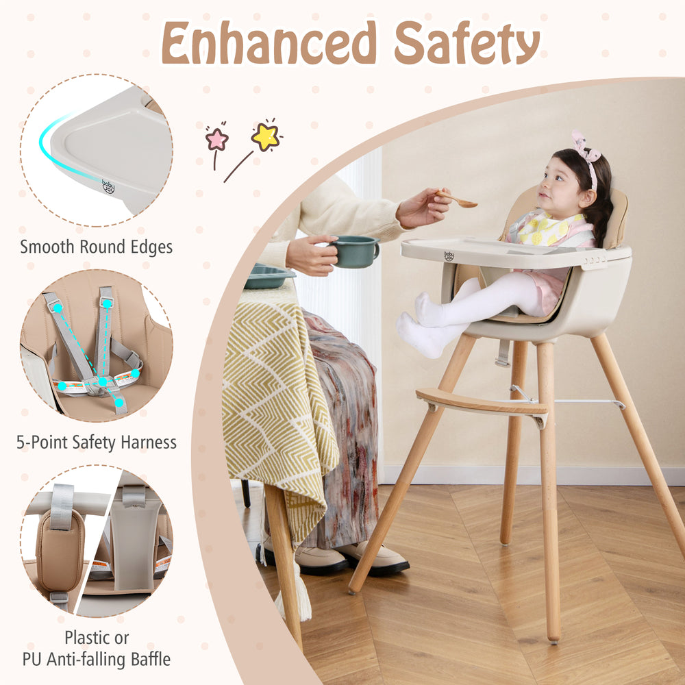 6-in-1 convertible wooden highchair in light brown with 5-point safety harness and smooth round edges for enhanced.