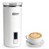6-in-1 electric milk steamer in white with stainless steel interior, perfect for making rich foam for coffee at home.