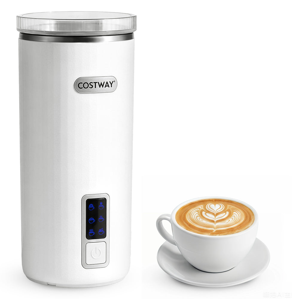 6-in-1 electric milk steamer in white with stainless steel interior, perfect for making rich foam for coffee at home.