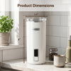 6-in-1 electric milk steamer in white with stainless steel interior, showing product dimensions of 3.5" x 8" for.