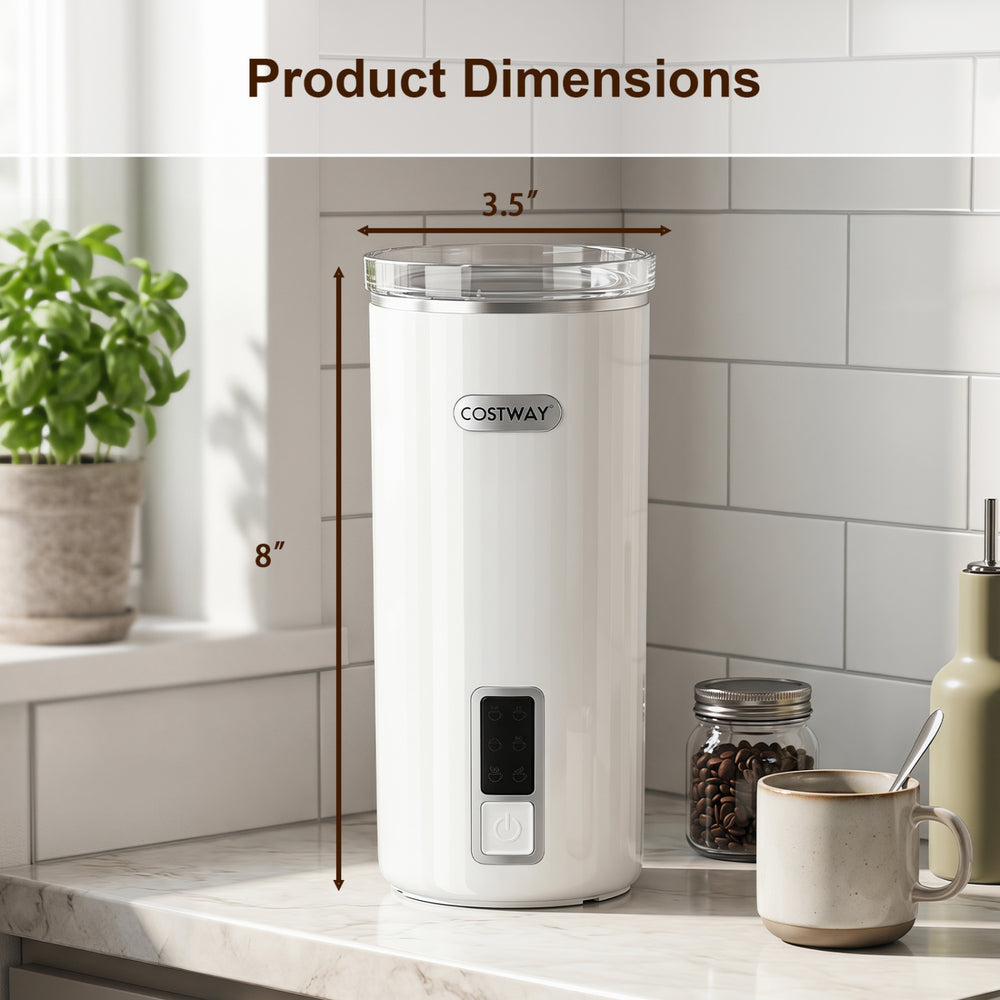 6-in-1 electric milk steamer in white with stainless steel interior, showing product dimensions of 3.5" x 8" for.