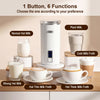 6-in-1 electric milk steamer in white with stainless steel interior, showcasing various milk options for versatile use.