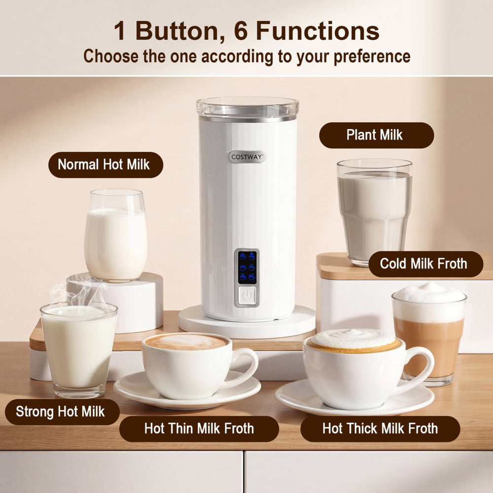 6-in-1 electric milk steamer in white with stainless steel interior, showcasing various milk options for versatile use.