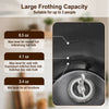 Close-up of the 6-in-1 electric milk steamer's clear fill lines, showcasing large frothing capacity for up to 3 people.