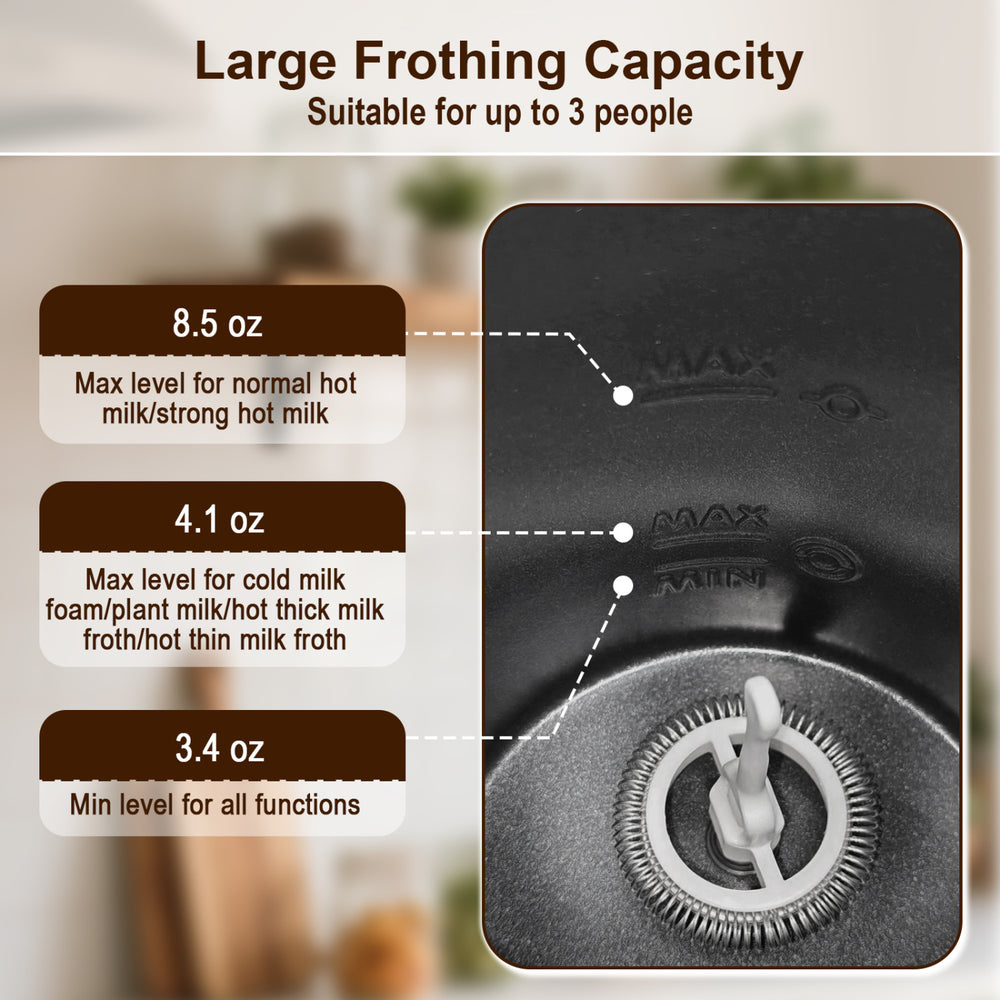 Close-up of the 6-in-1 electric milk steamer's clear fill lines, showcasing large frothing capacity for up to 3 people.