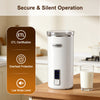 6-in-1 electric milk steamer in white with stainless steel interior, featuring low-noise operation and ETL.