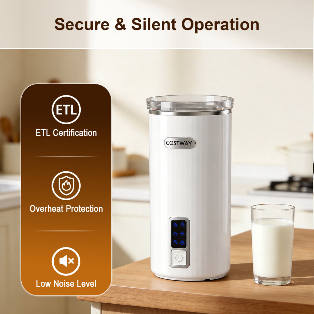 6-in-1 electric milk steamer in white with stainless steel interior, featuring low-noise operation and ETL.