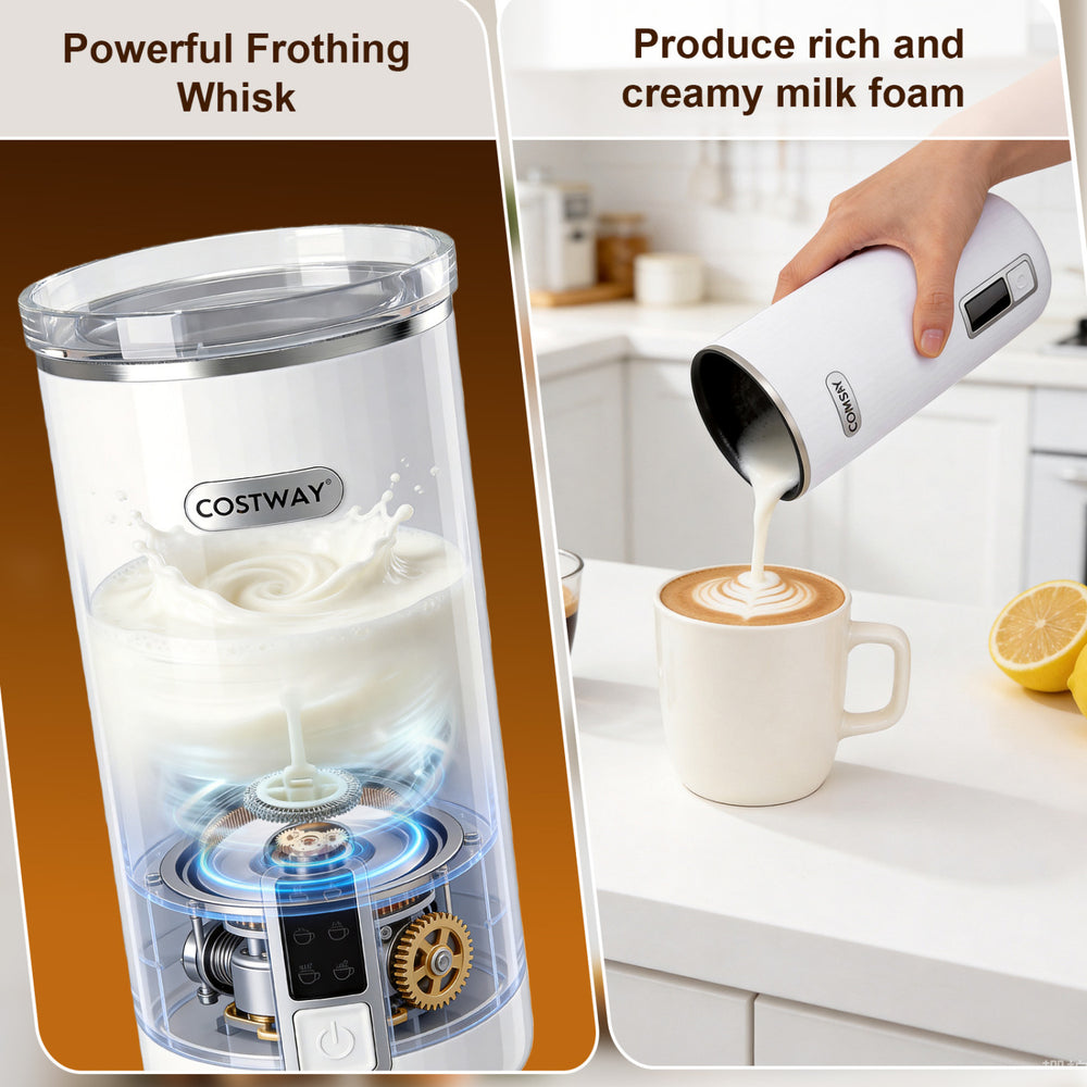 Electric milk steamer with stainless steel interior, producing rich foam for coffee, ideal for home or outdoor use.