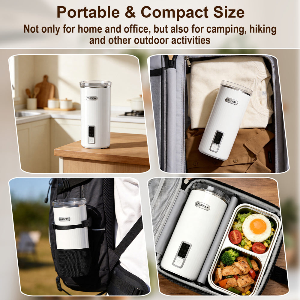 Compact 6-in-1 electric milk steamer in white with stainless steel interior, ideal for home and outdoor activities.