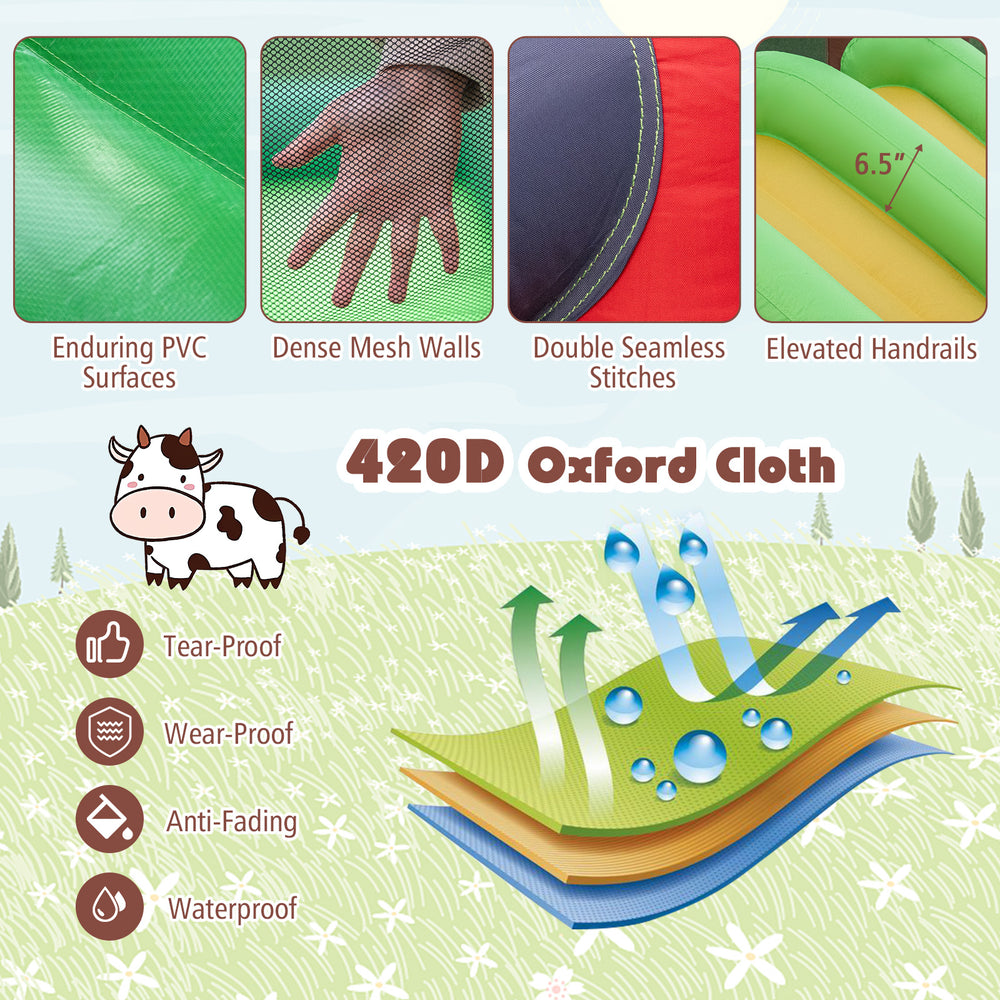 6-in-1 inflatable bounce house with double slides, made of durable 420D oxford cloth, perfect for kids' outdoor fun.