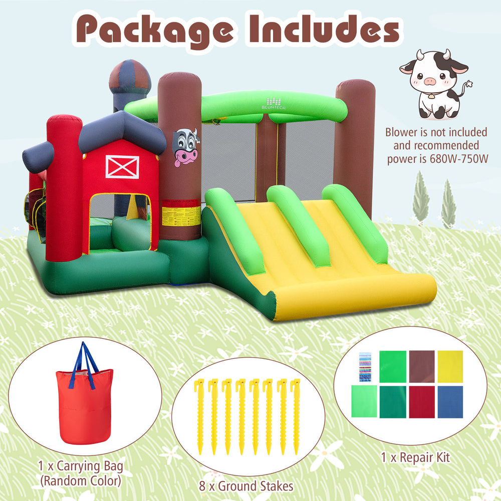 Inflatable bounce house with double slides, bright colors, and safety mesh, perfect for kids' outdoor fun.