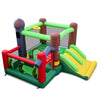 Inflatable bounce house with double slides, basketball hoop, and vibrant colors for kids' outdoor fun and safety.