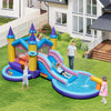 Children enjoying the 6-in-1 inflatable kids water park with a smooth slide, splash pool, and engaging basketball rim.