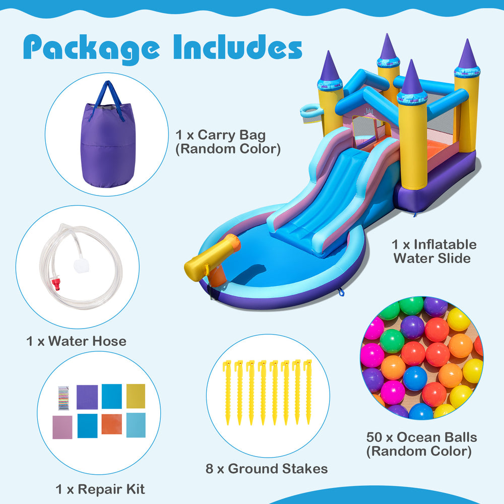 Inflatable kids water park featuring a slide, ball pit, and water cannon, perfect for outdoor summer fun.