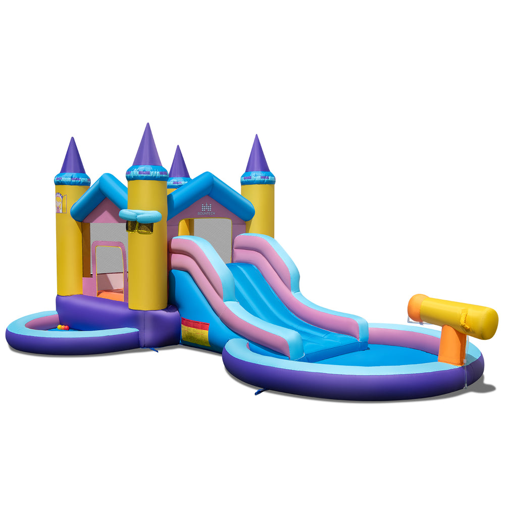 Colorful 6-in-1 inflatable kids water park with slides, splash pool, and basketball rim for outdoor fun.