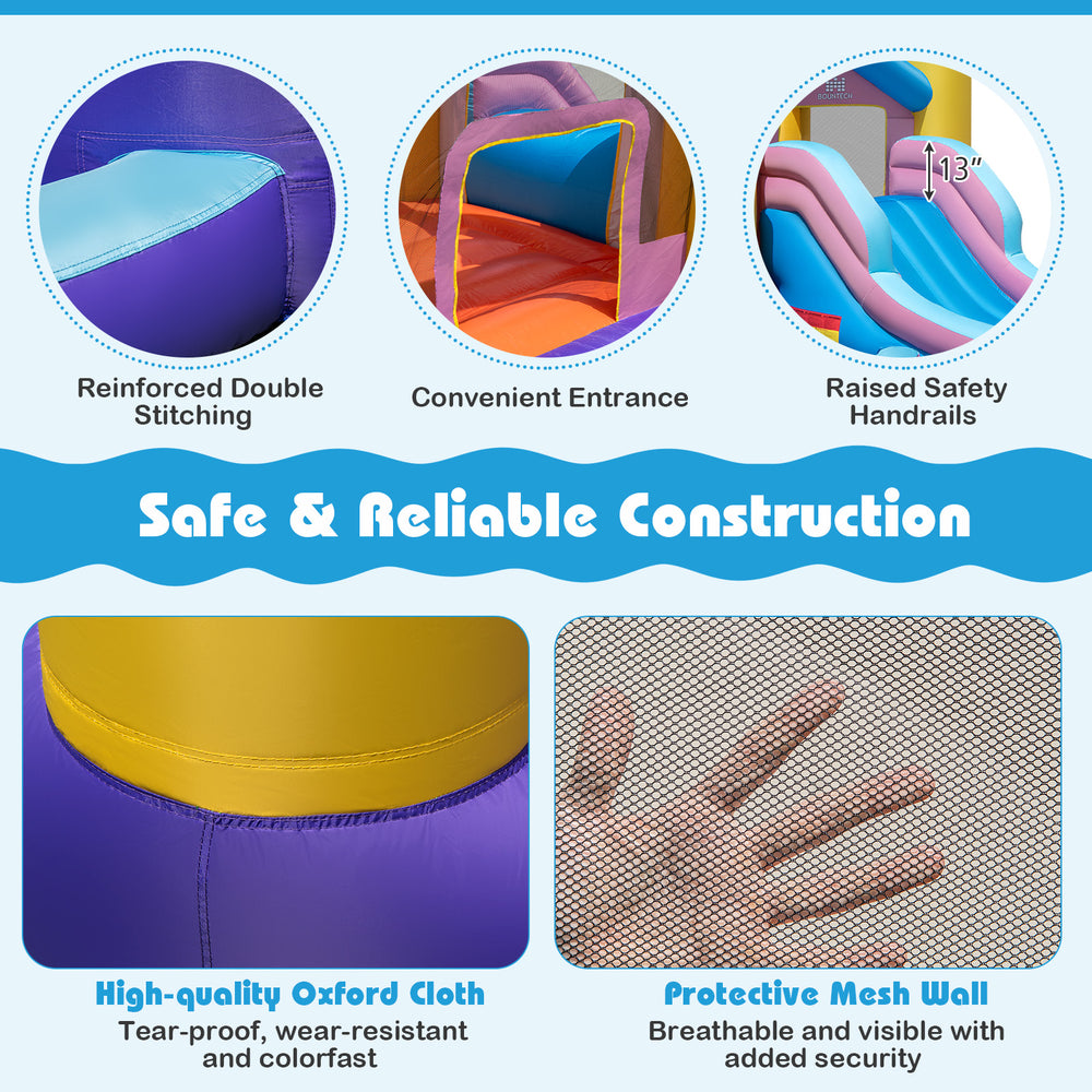 Reinforced seams and protective mesh wall of the 6-in-1 inflatable kids water park for safe outdoor fun.