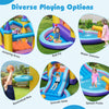 Inflatable kids water park featuring a jumping area, smooth slide, ball pit, and water cannon for outdoor fun.