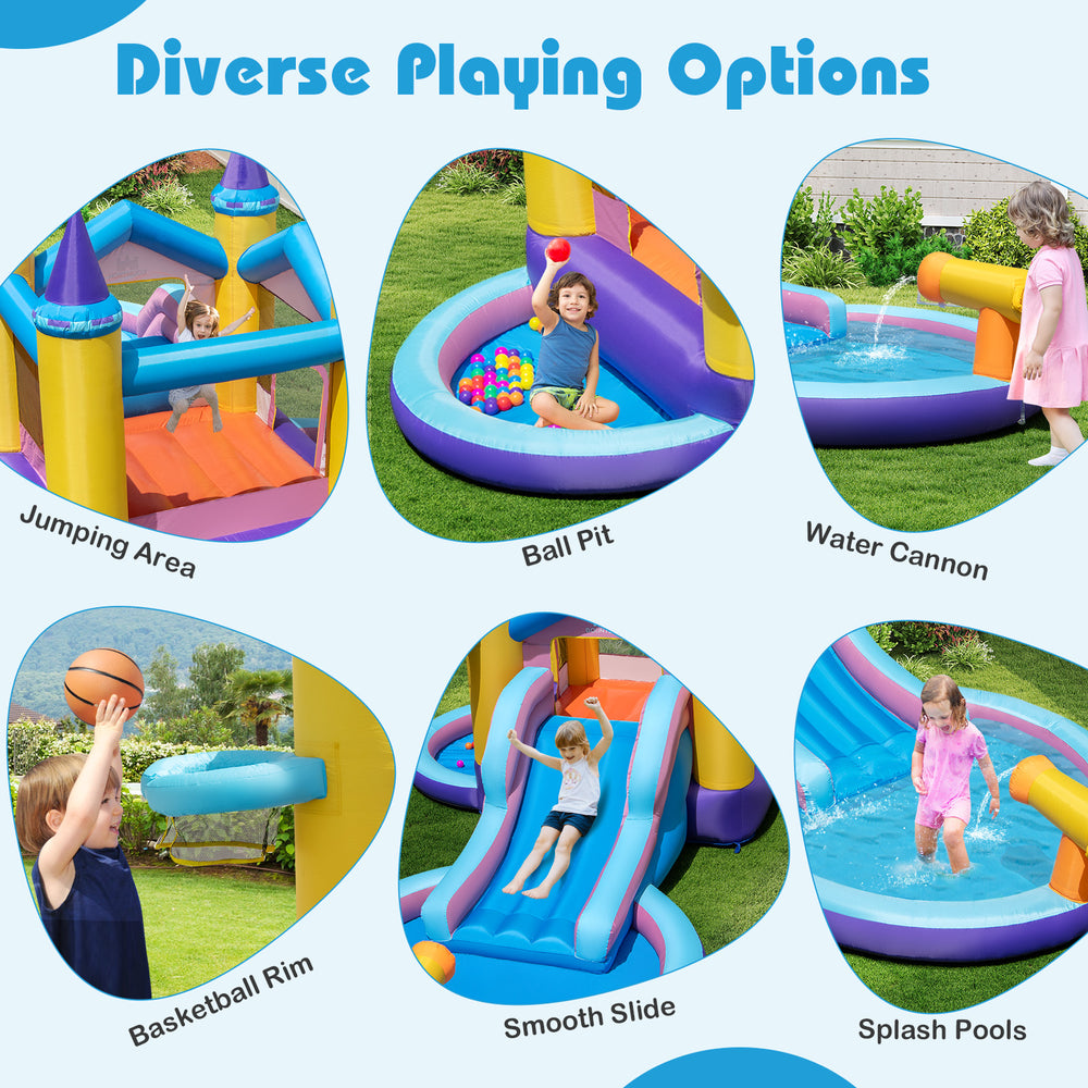Inflatable kids water park featuring a jumping area, smooth slide, ball pit, and water cannon for outdoor fun.