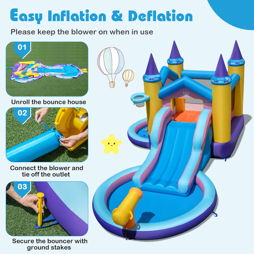 6-in-1 inflatable kids water park featuring a slide, splash pool, and basketball rim, perfect for outdoor fun.