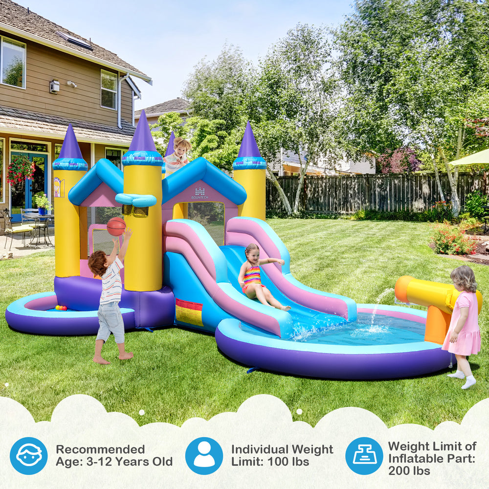 Inflatable kids water park featuring a slide, splash pool, and basketball rim, perfect for ages 3-12 in a backyard.