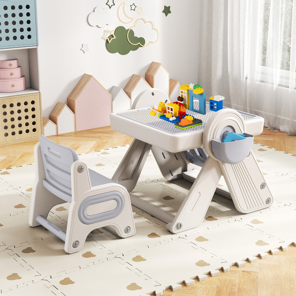 6-in-1 Multi-activity Children Table and Chair Set Folding Art Easel Set-Gray and White - Gallery View 1 of 11