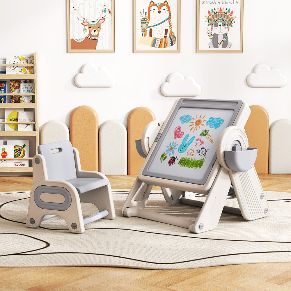 Multi-activity children table and chair set in gray and white, featuring a folding art easel for creative play.