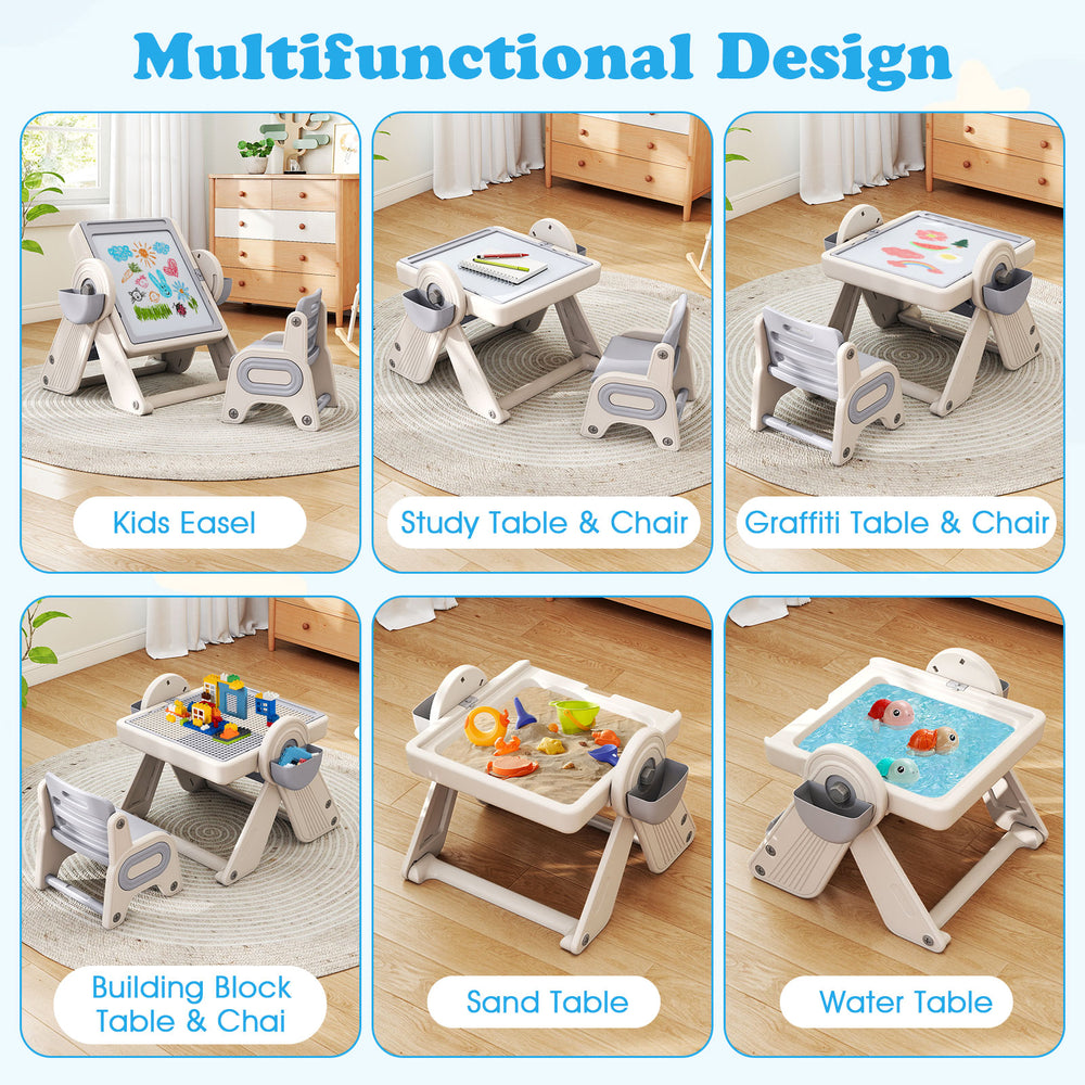 Multi-activity children's table and chair set in gray and white, featuring easel, sand, and water table options for.